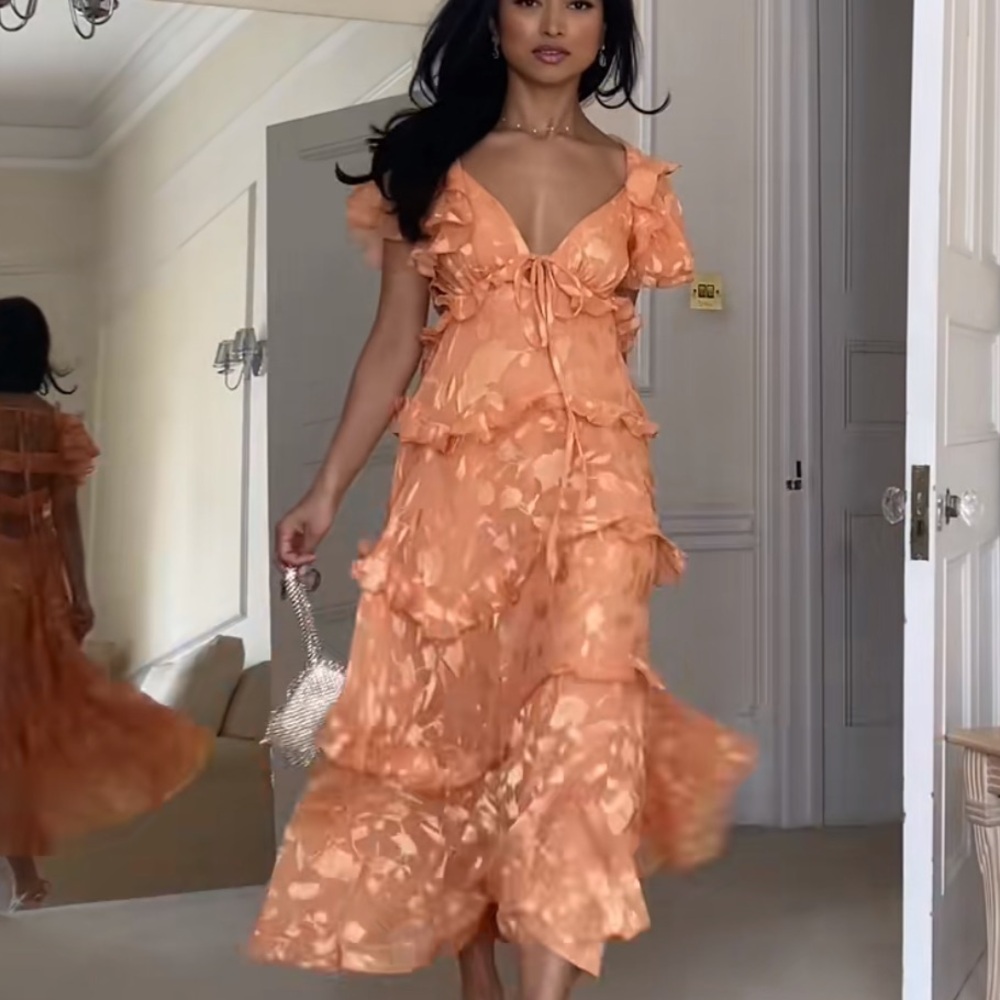 ASOS floral sleeve tiered maxi dress with cut out & elastic back in peach size 4